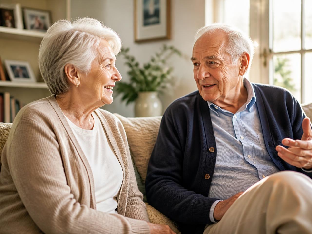 Older couple talking together in a sunlit living room